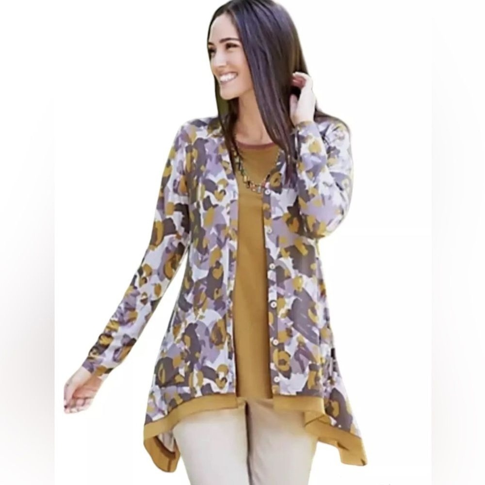 Logo by Lori Goldstein Women Cardigan Sweater 1X Gray Marigold Layering Lagenloo